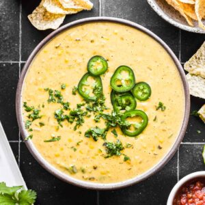 Close up shot of queso in a bowl surrounded by chips.