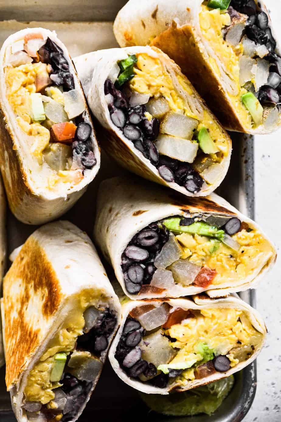Vegetarian Breakfast Burritos finished and sliced open