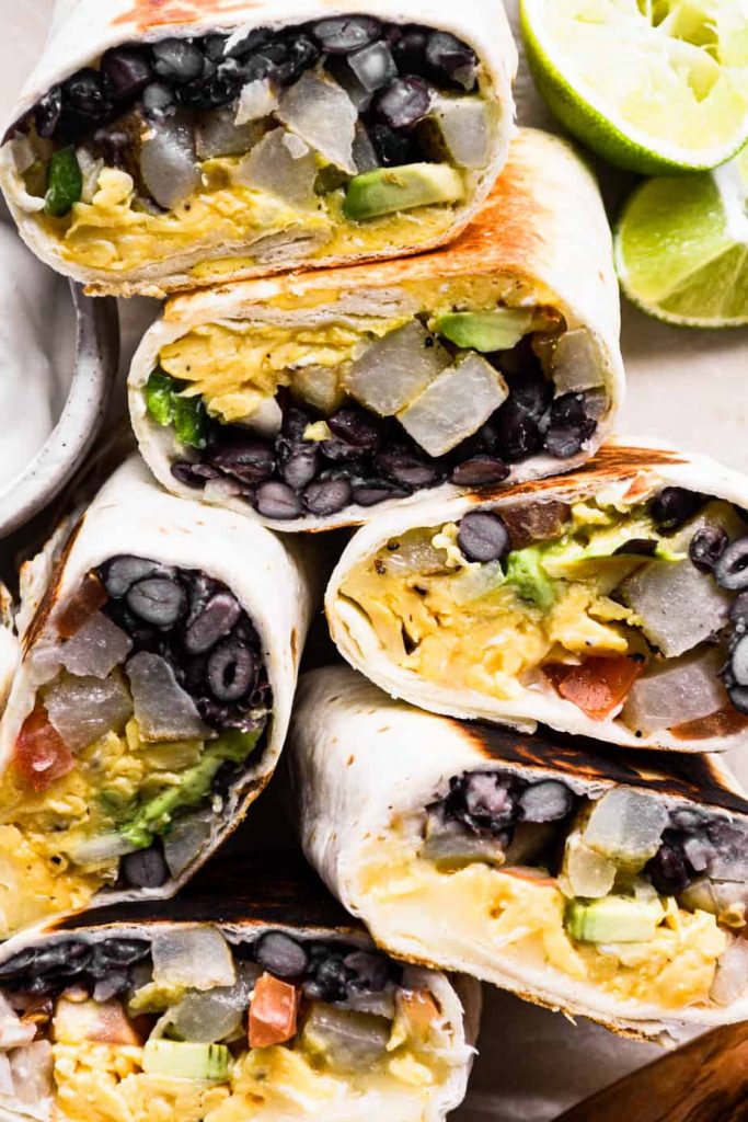 Wrapped and finished vegetarian breakfast burritos