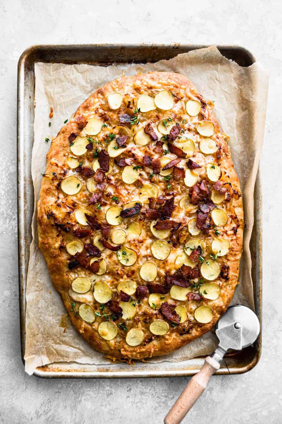 Caramelized Onion and Bacon Pizza fresh out of the oven