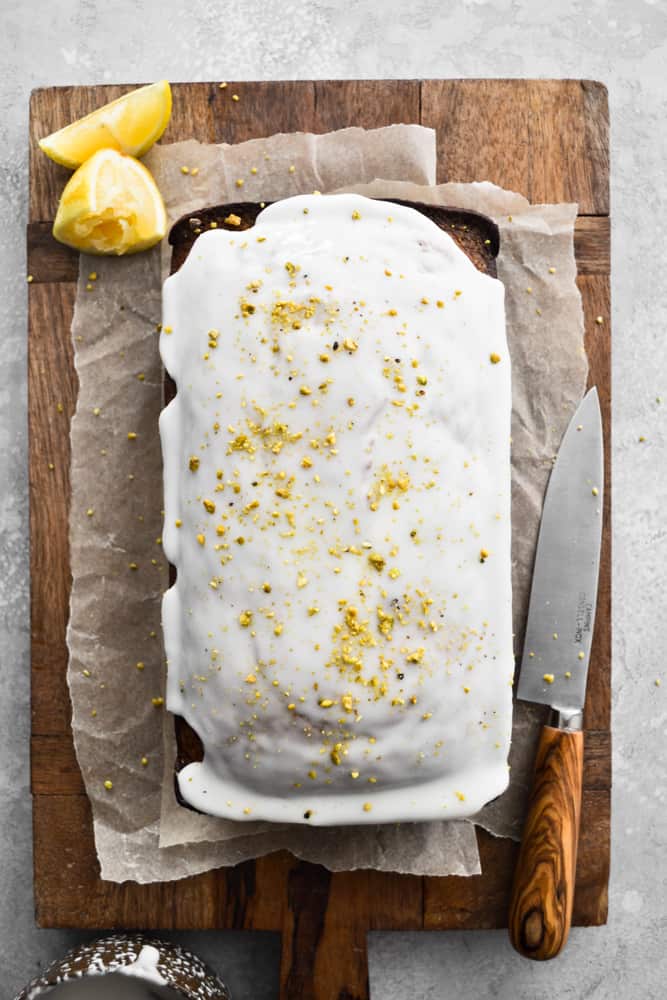 Freshly Glazed Lemon Pistachio Loaf Cake