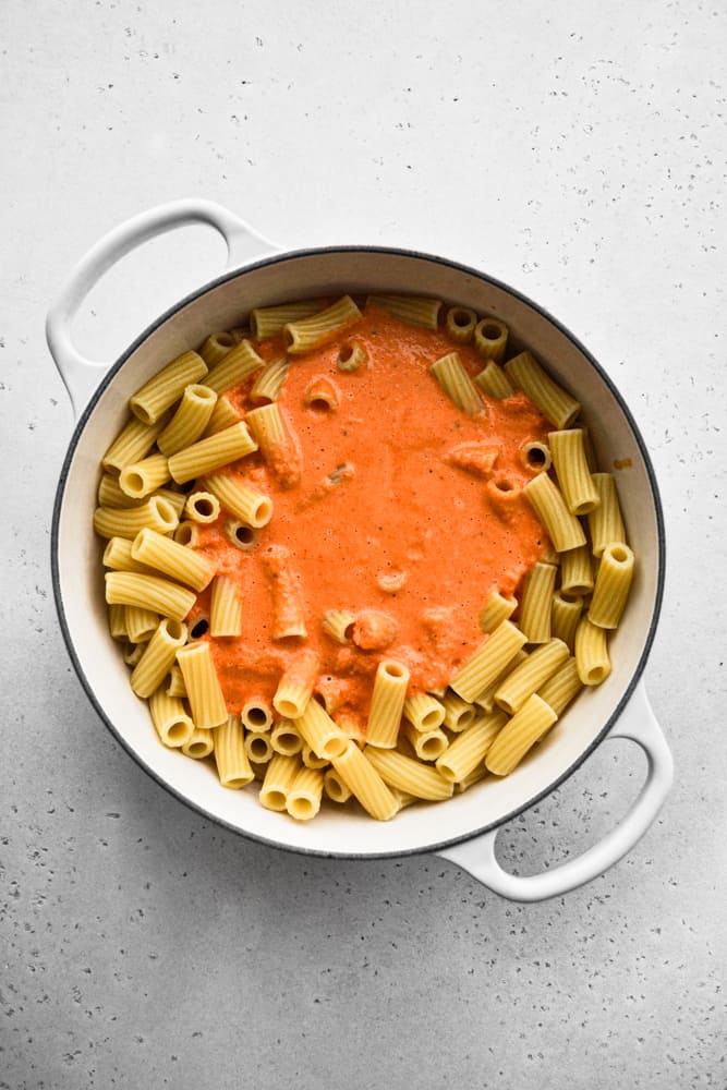 Pasta sauce poured over pasta