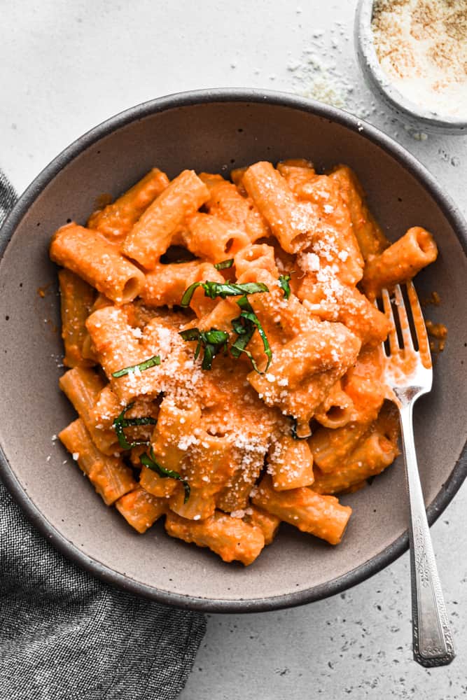 Close up of finished red pepper pasta
