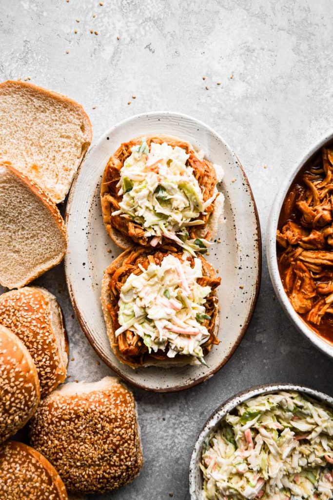 BBQ chicken on sandwich with coleslaw
