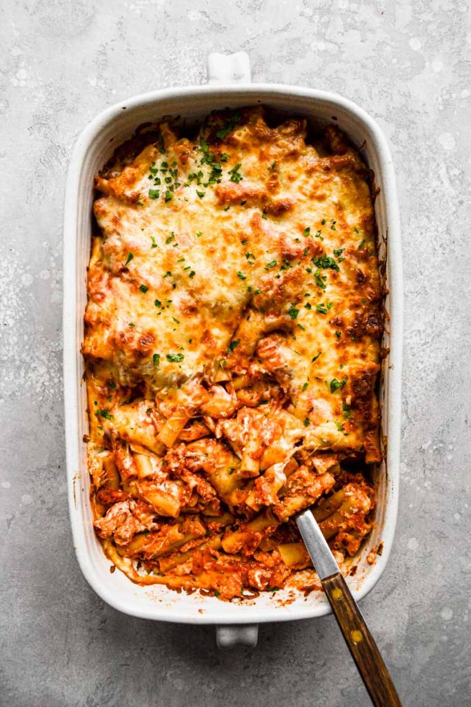 Serving spoon in baked ziti