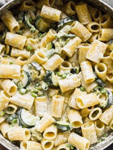 Close up image of finished creamy pasta.
