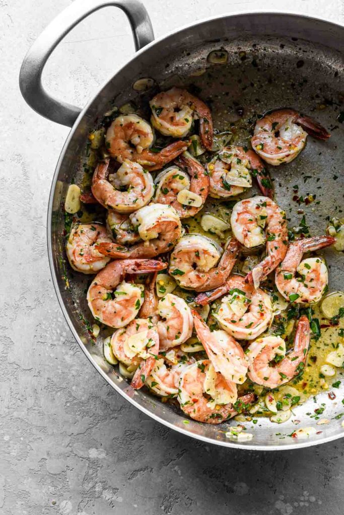 Close up of the shrimp in the pan.