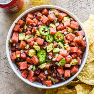 Zoomed in image of watermelon salsa.
