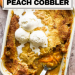 Cake mix peach cobbler with ice cream on top.
