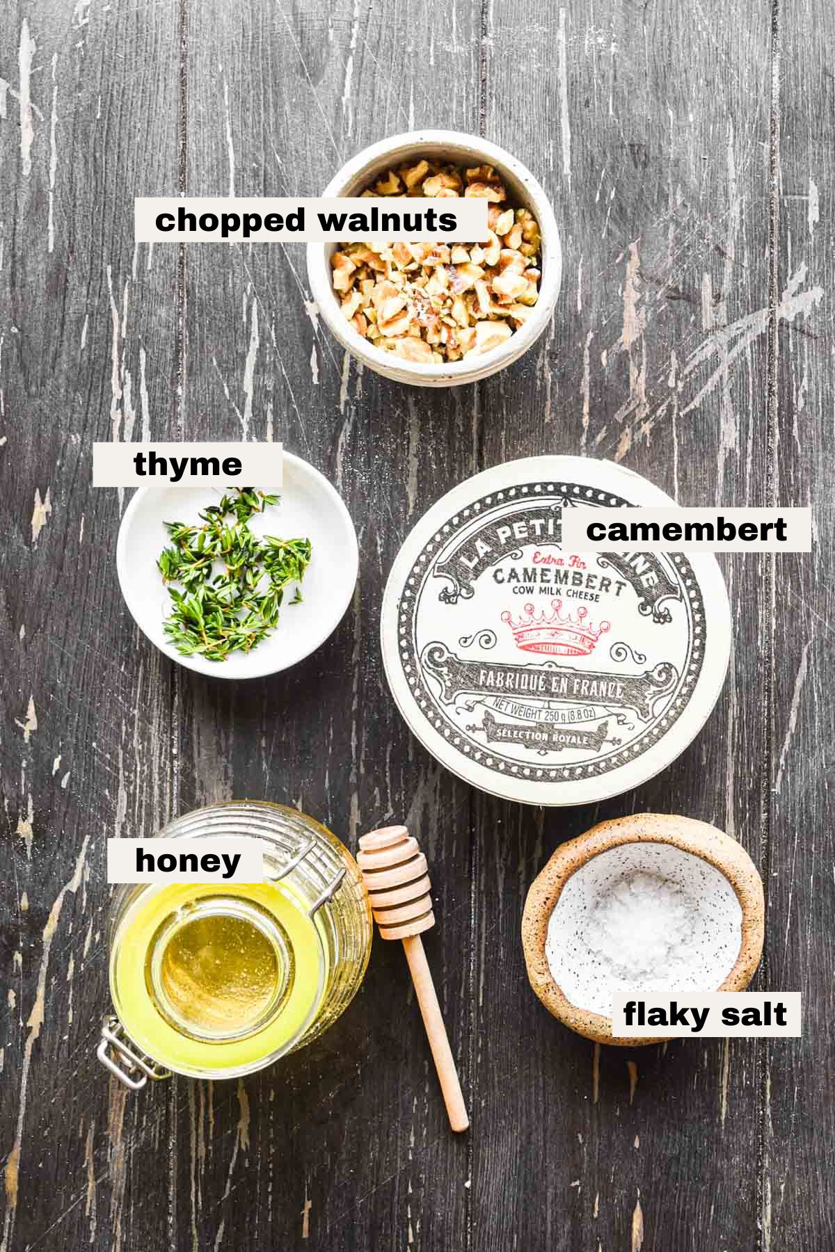 Ingredients to make baked camembert cheese laid out on a table.