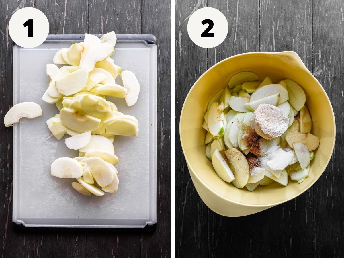 Side by side images of steps one and two - sliced apples, and the apples in a bowl.