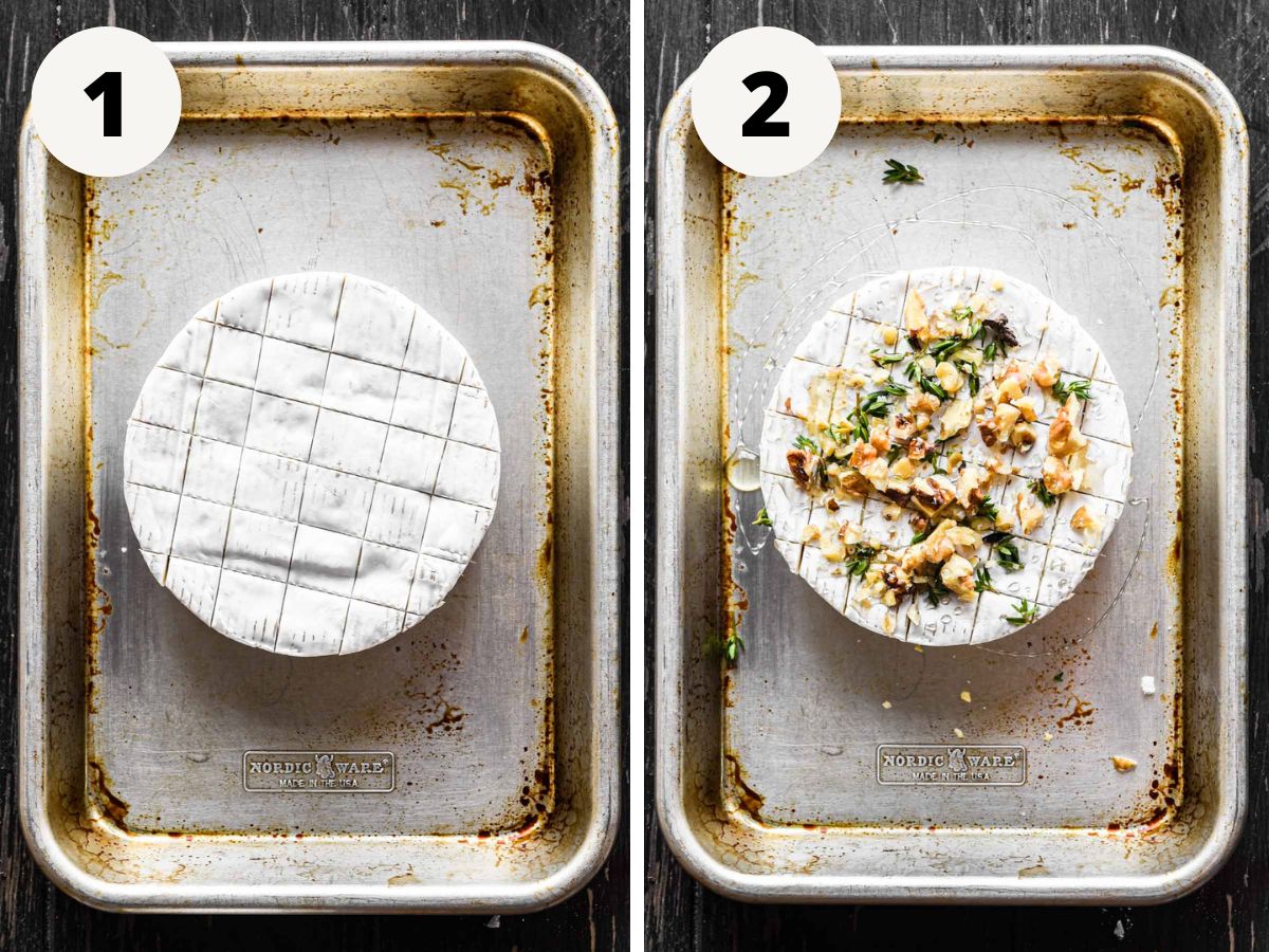 Side by side images, one of scored cheese, and one of cheese with toppings, both before being baked.
