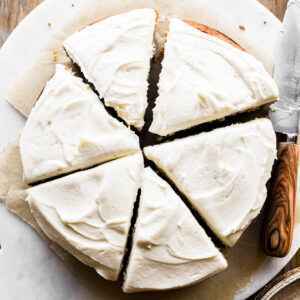 Overhead image of cake sliced into 6 slices.