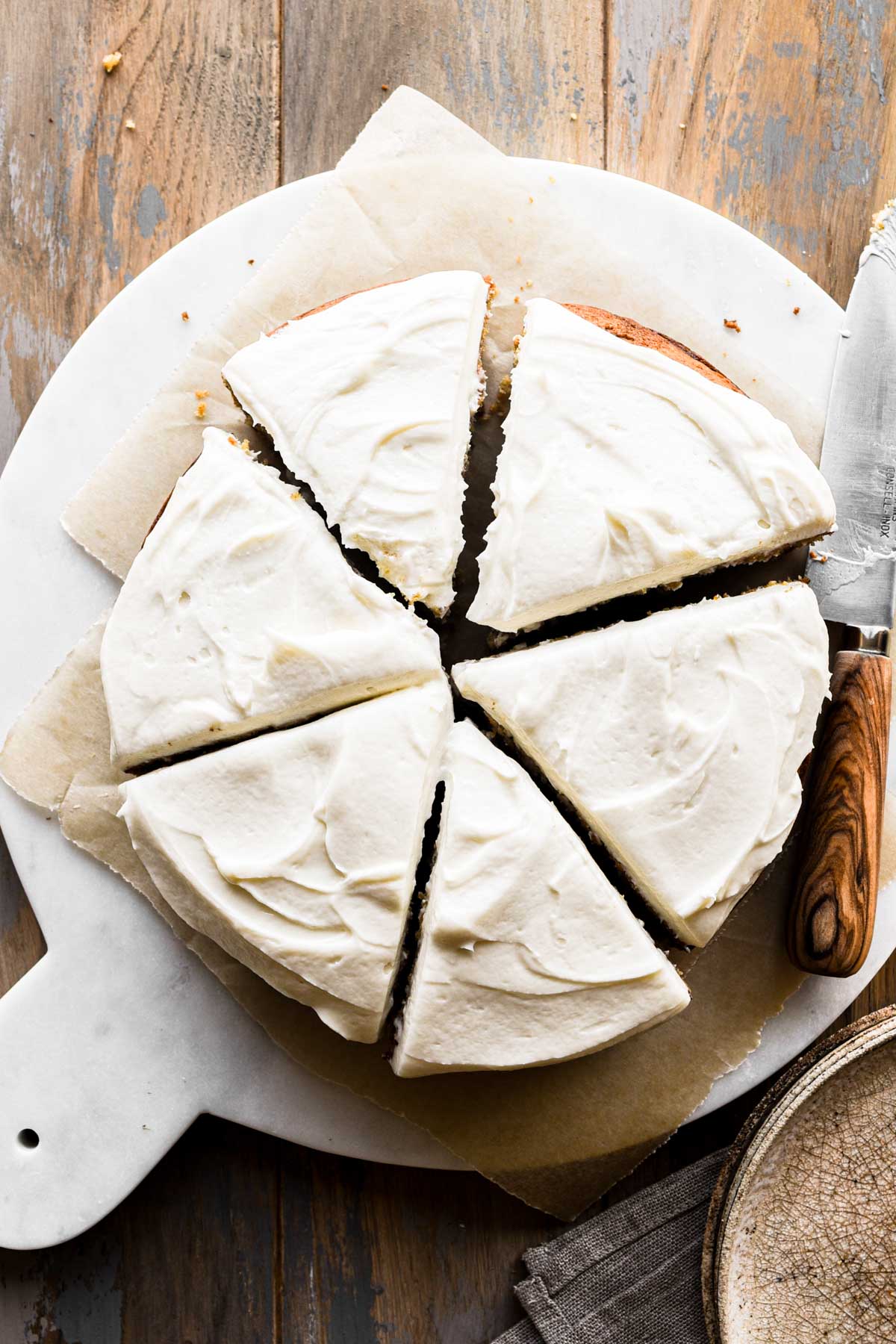 Overhead photo of spice cake cut into 6 slices.