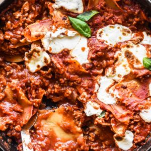 Close up image of lasagna in pot.