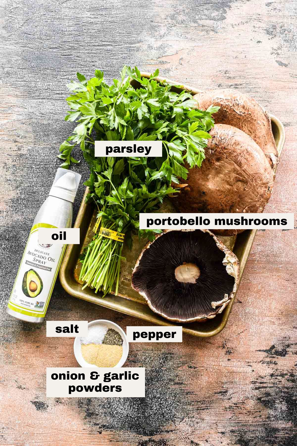 Ingredients on a table for air fryer portobello mushrooms.