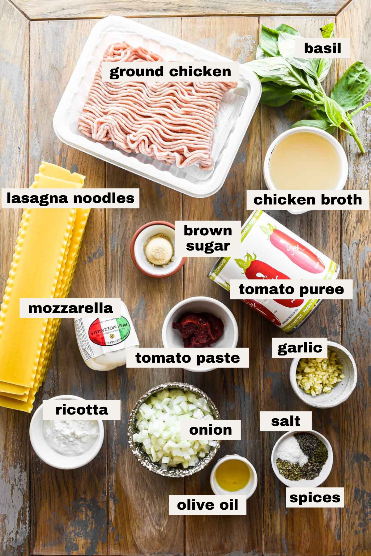 Ingredients on a table for broken lasagna recipe.
