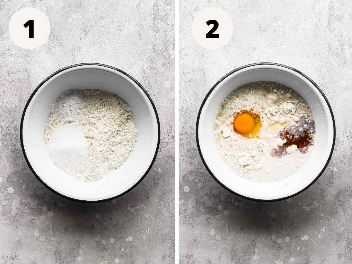 Side by side images of wet ingredients and dry ingredients in a bowl.