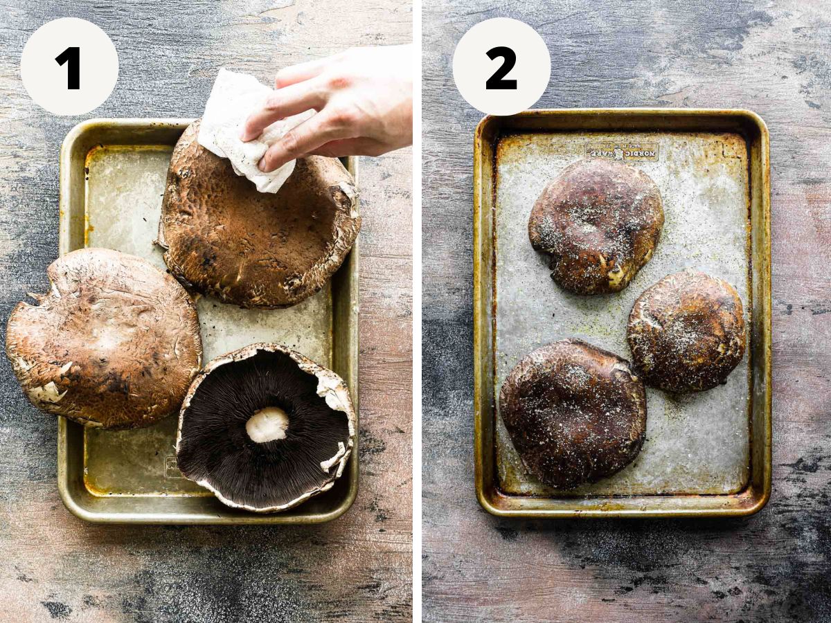 Side by side image cleaning the mushrooms and sprinkling them with seasoning.