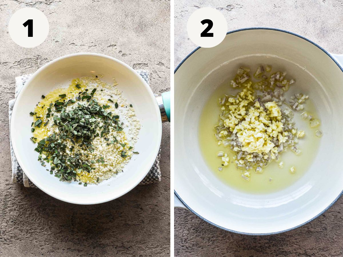Side by side images of breadcrumbs being made and garlic and shallots being sauteed.