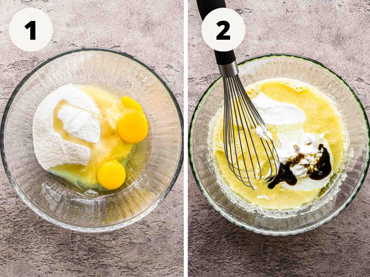 Side by side images of the wet ingredients being whisked together.