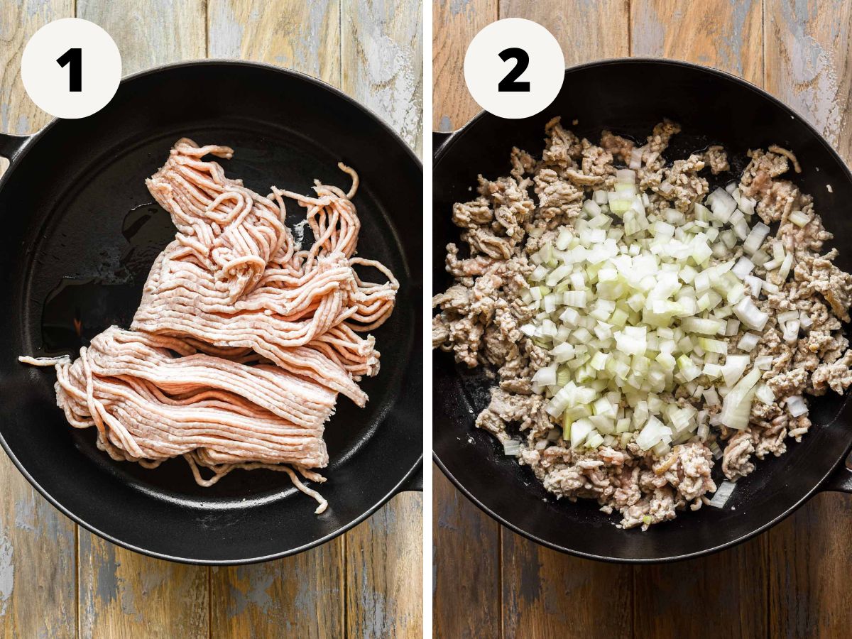 Side by side image of chicken being cooked and onions being added.