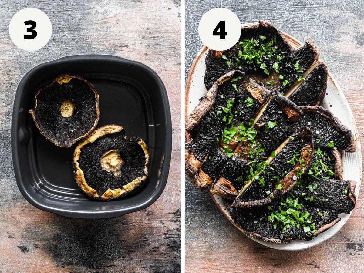 Side by side image of before and after air frying the mushrooms.