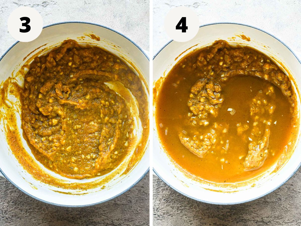 Side by side images of pumpkin puree being sauteed and vegetable broth being added to sauce.