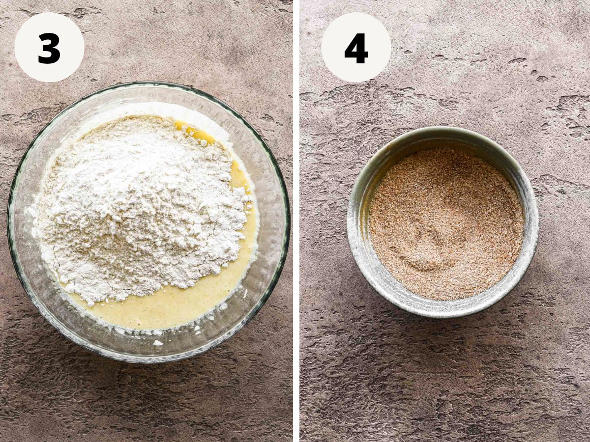 Side by side images of dry ingredient being added to batter and the cinnamon mixture being combined.