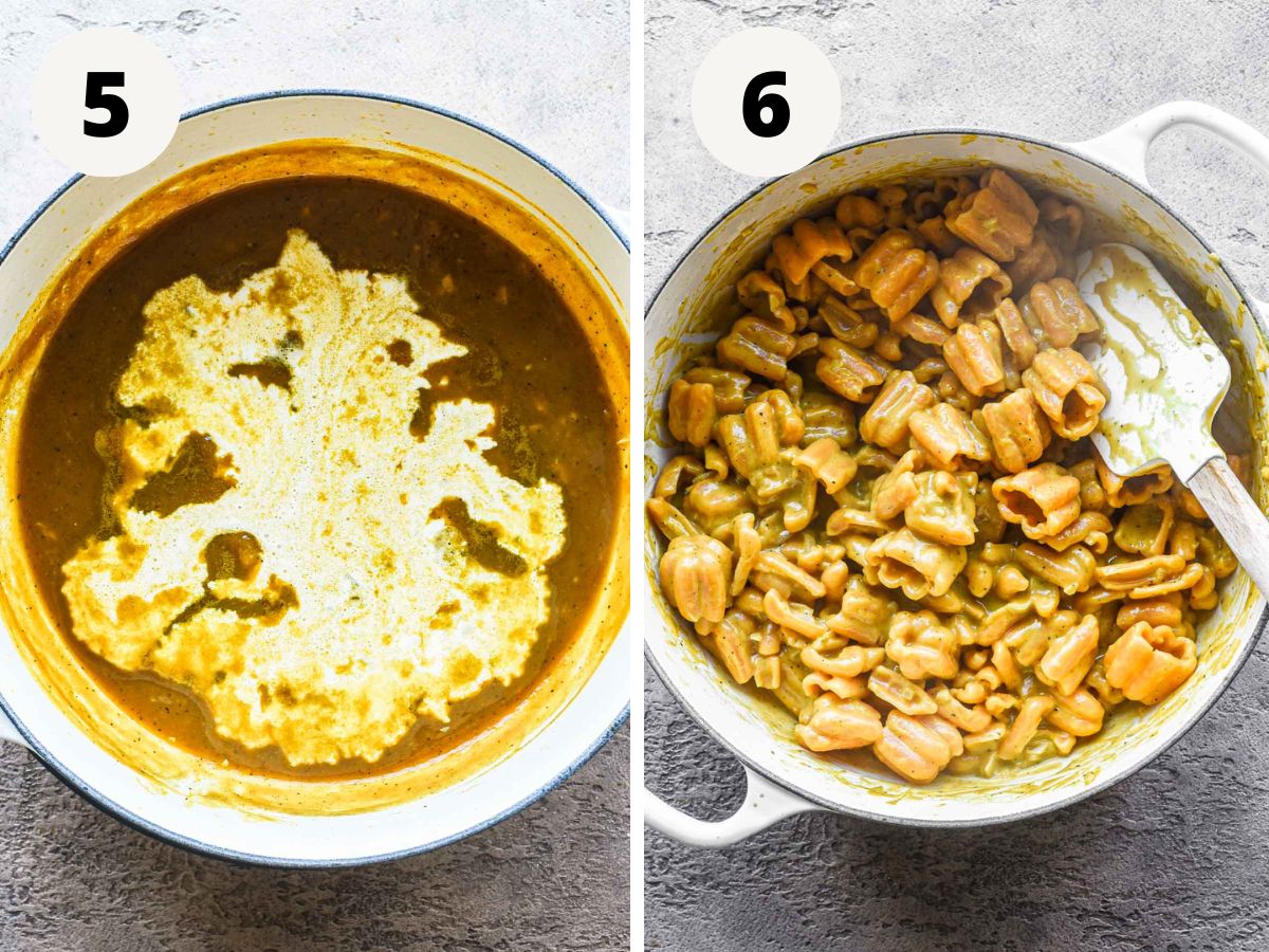Side by side images of cream being poured into sauce, and pasta being added.