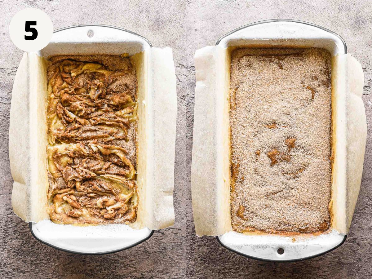 Side by side images of layering of the cinnamon sugar mixture.
