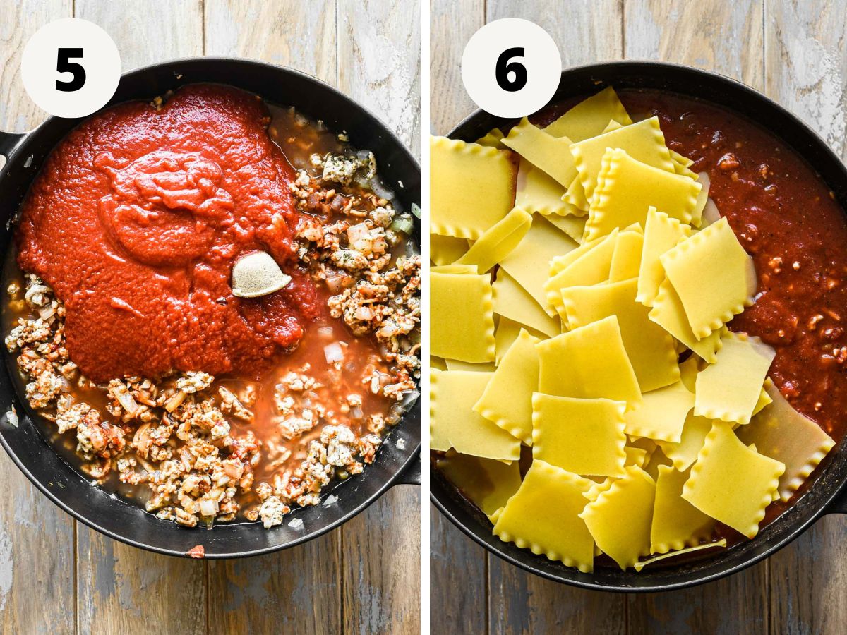 Side by side image of tomato sauce being made, and lasagna noodles being added.
