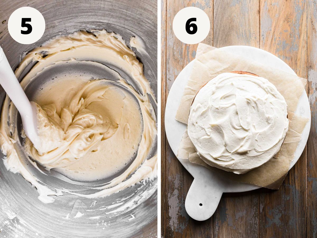 Side by side images of buttercream being made and on the cake.