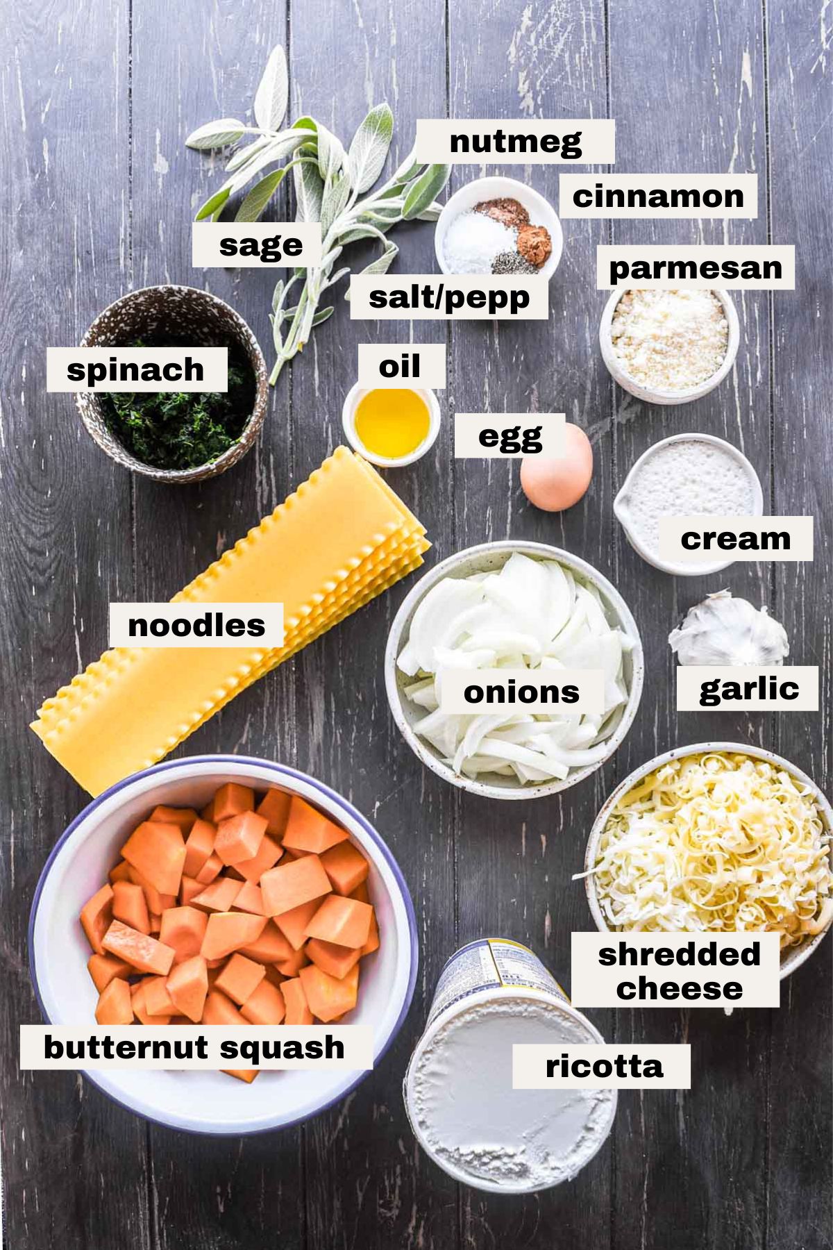 Ingredients on a table for butternut squash lasagna.