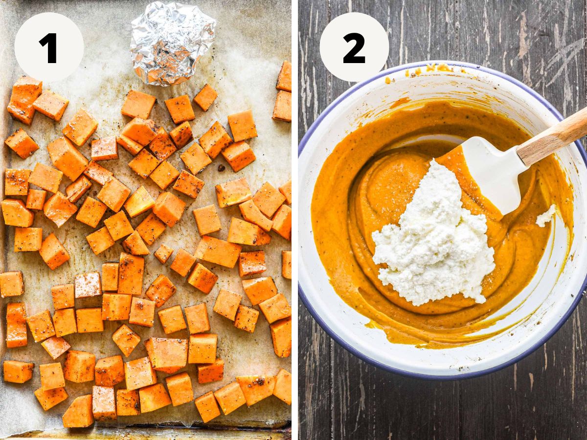 Side by side of squash being roasted and blended into a sauce.