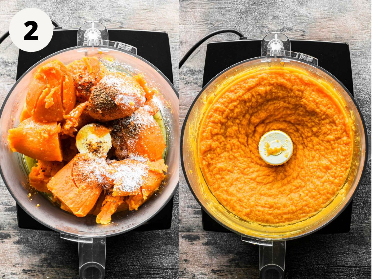 Before and after blending the sweet potatoes in a food processor.