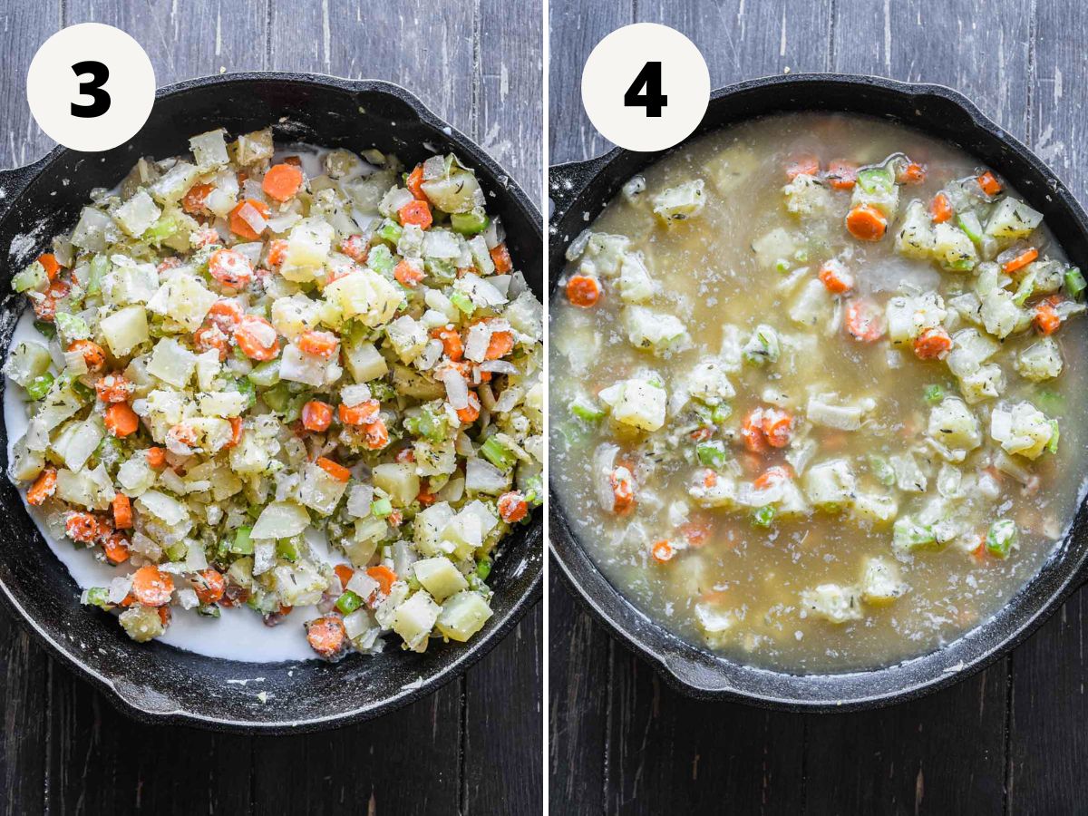 Side by side images adding milk and stock.