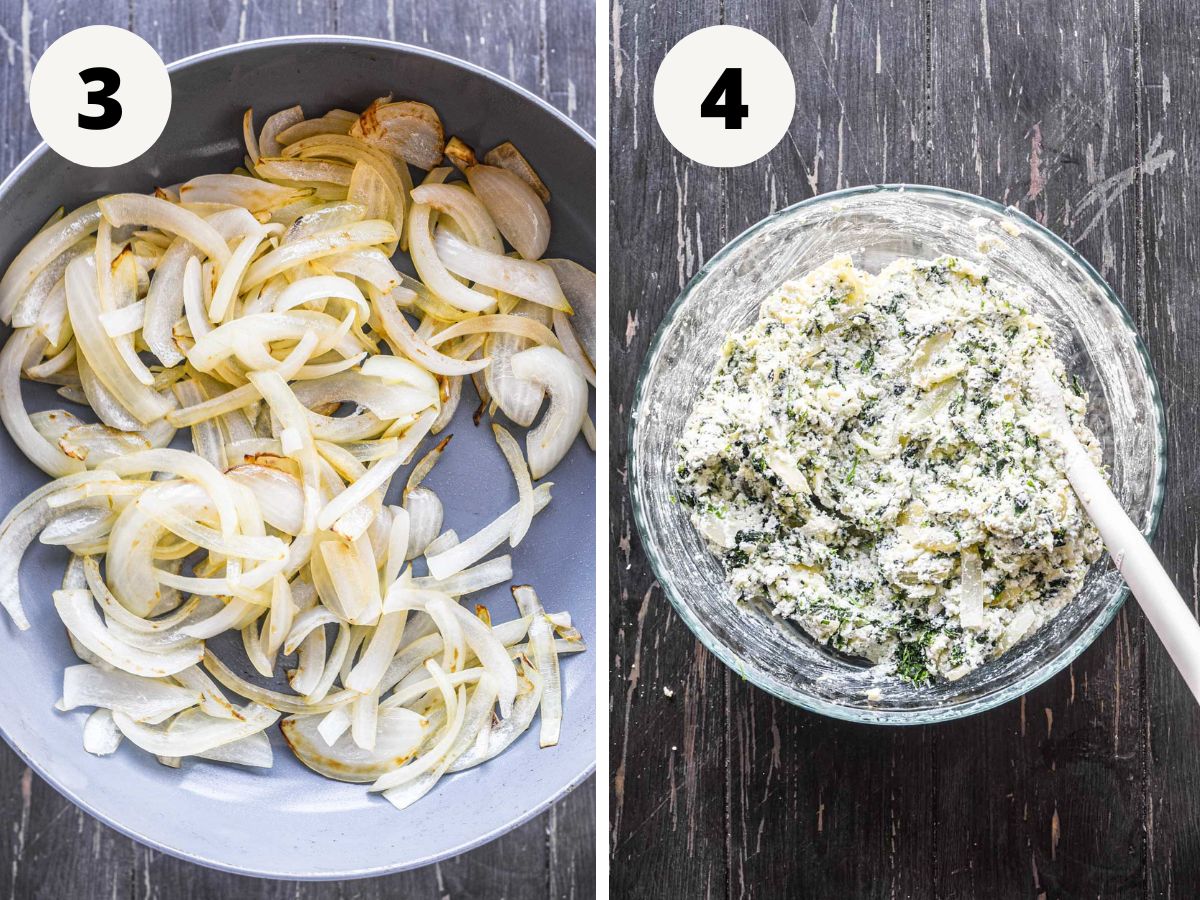 Side by side of sauteeing onions and making the cheese mixture.