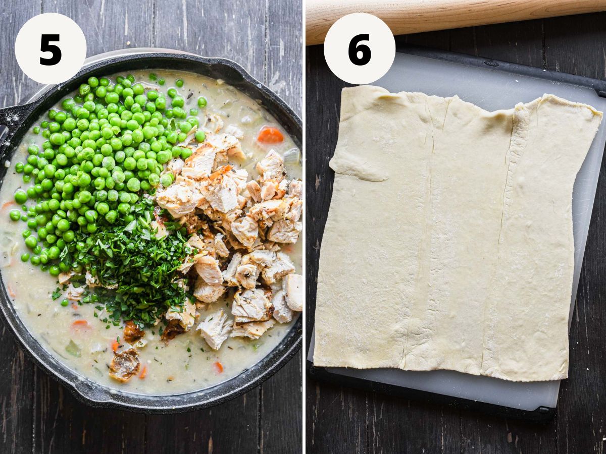 Side by side images adding final filling ingredients and rolling out puff pastry.