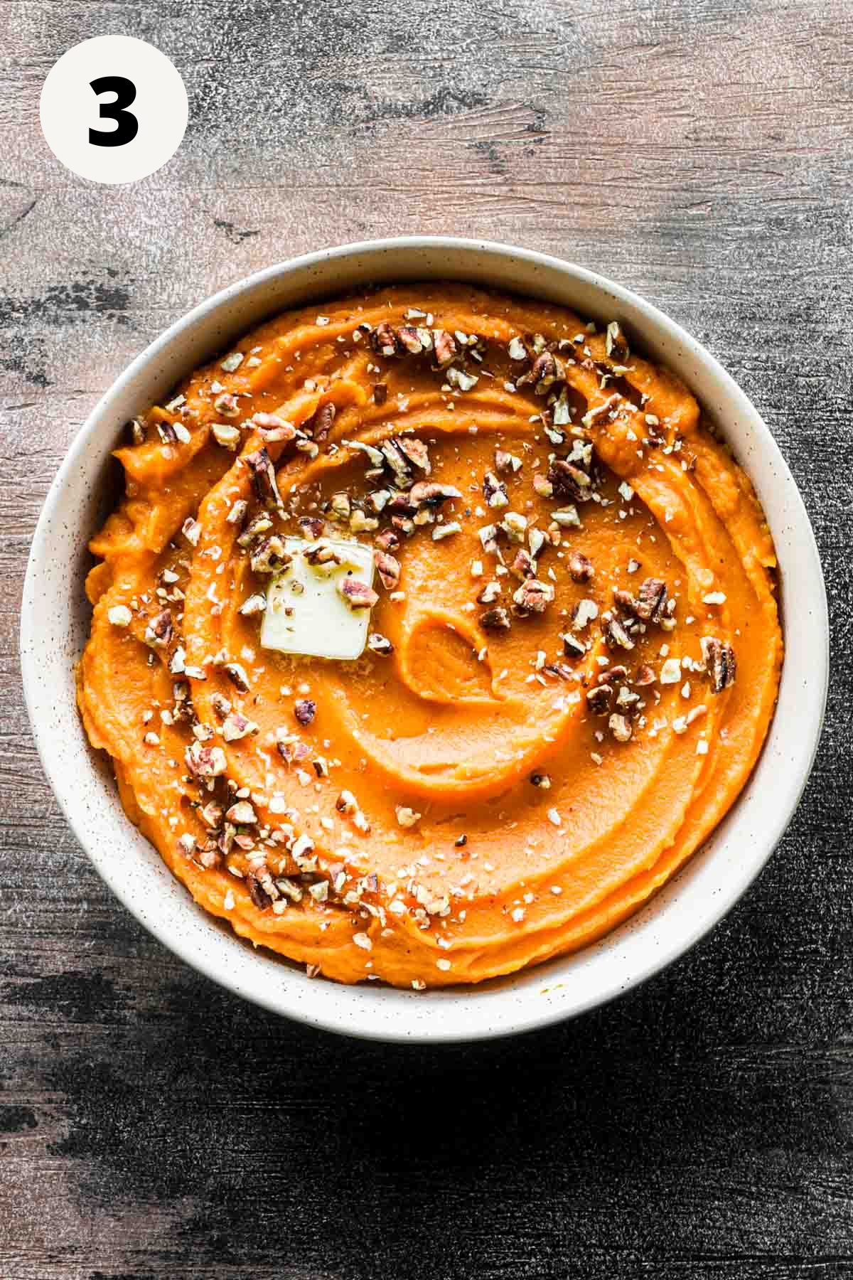 Finished sweet potatoes in a bowl.