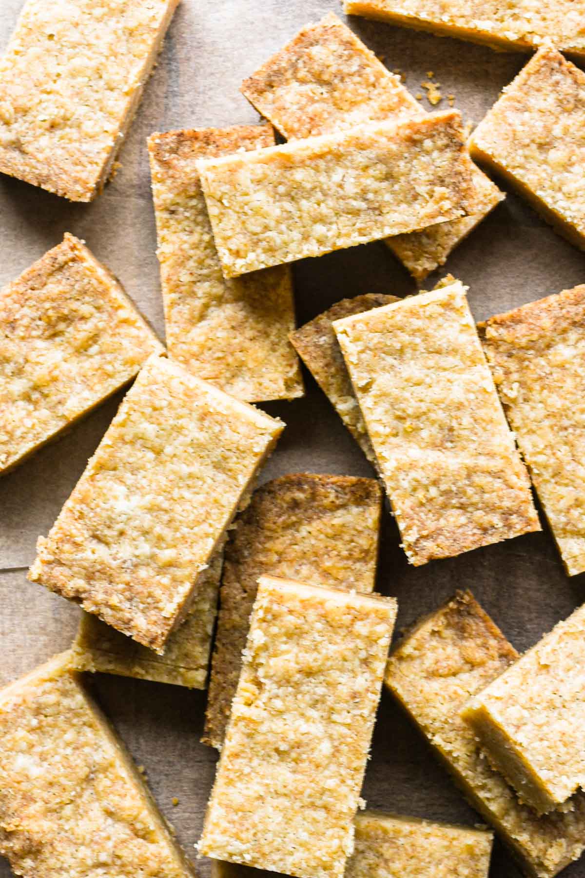 Overhead shot of pile of brown butter shortbread cookies.