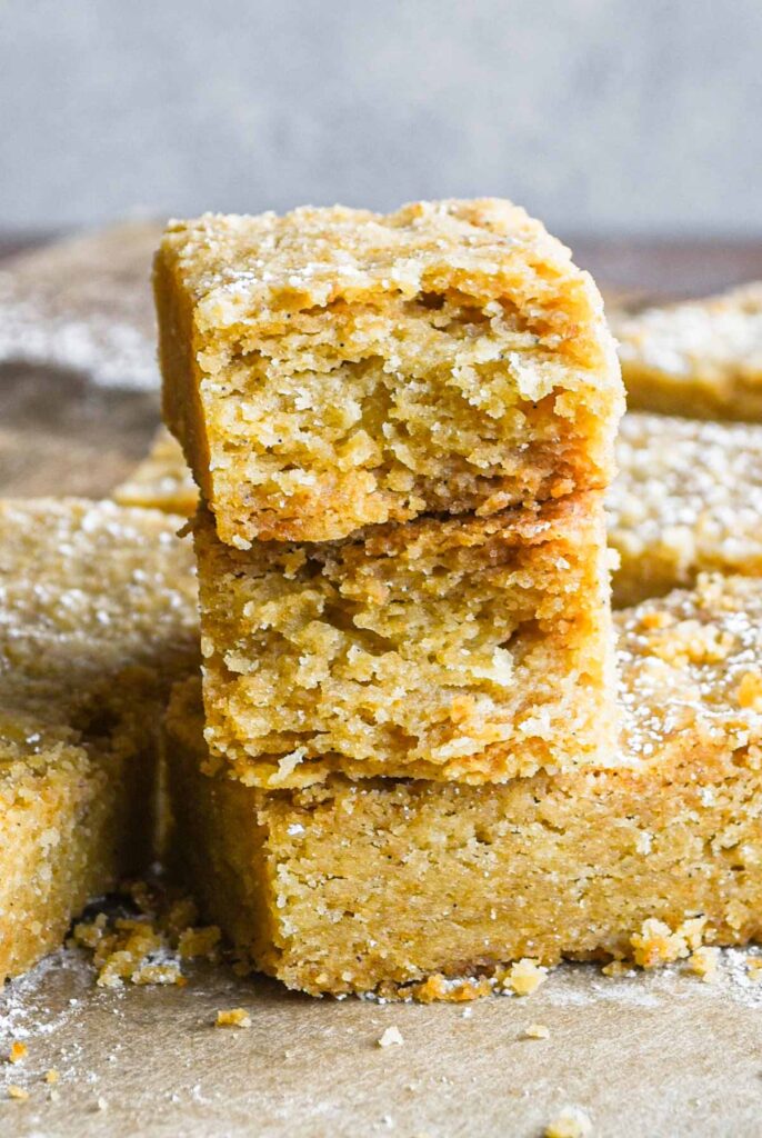 Straight-on image of the crumbly inside of shortbread.