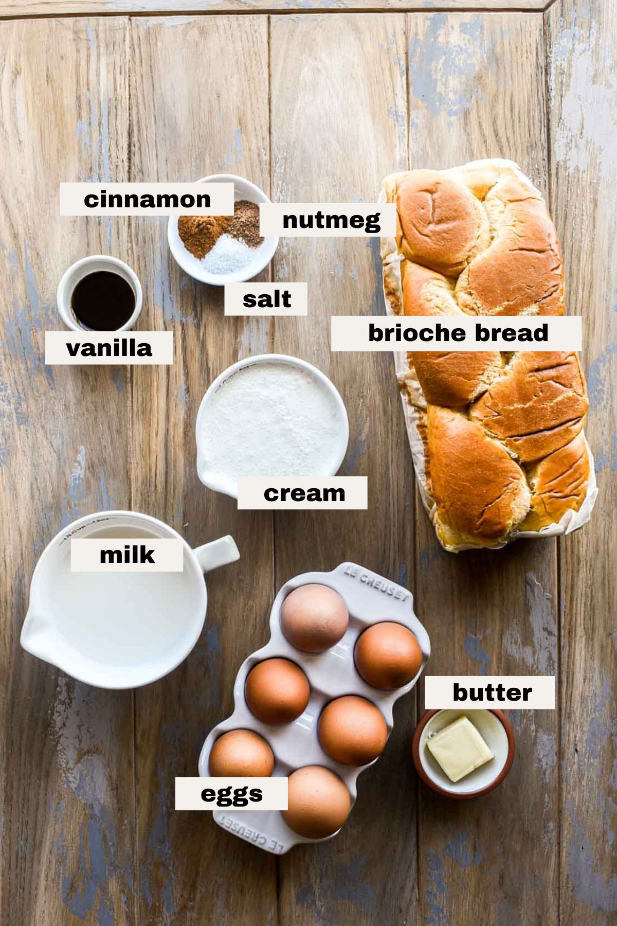 Ingredients for brioche french toast casserole on a table.