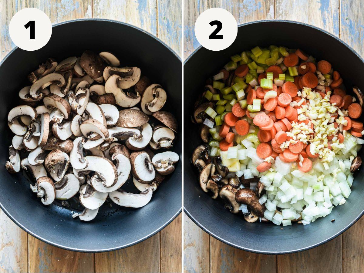 Side by side images of sautéing mushrooms and vegetables.