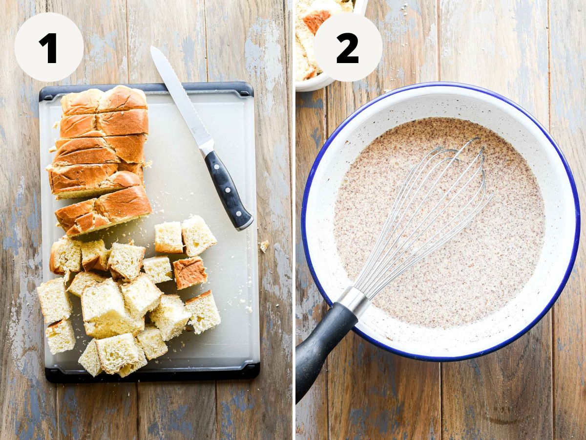 Side by side images of bread being cut and custard being mixed.