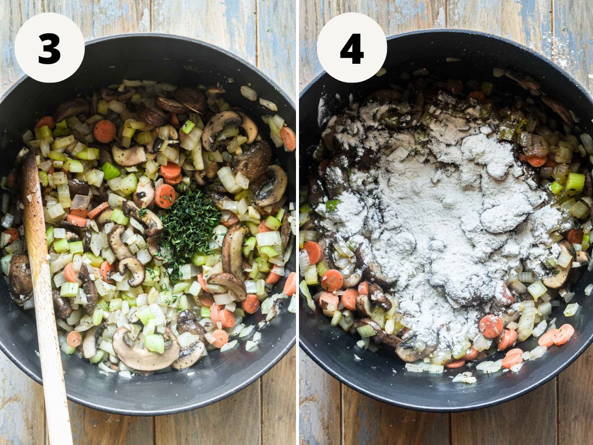 Side by side images of adding thyme and flour to the soup.