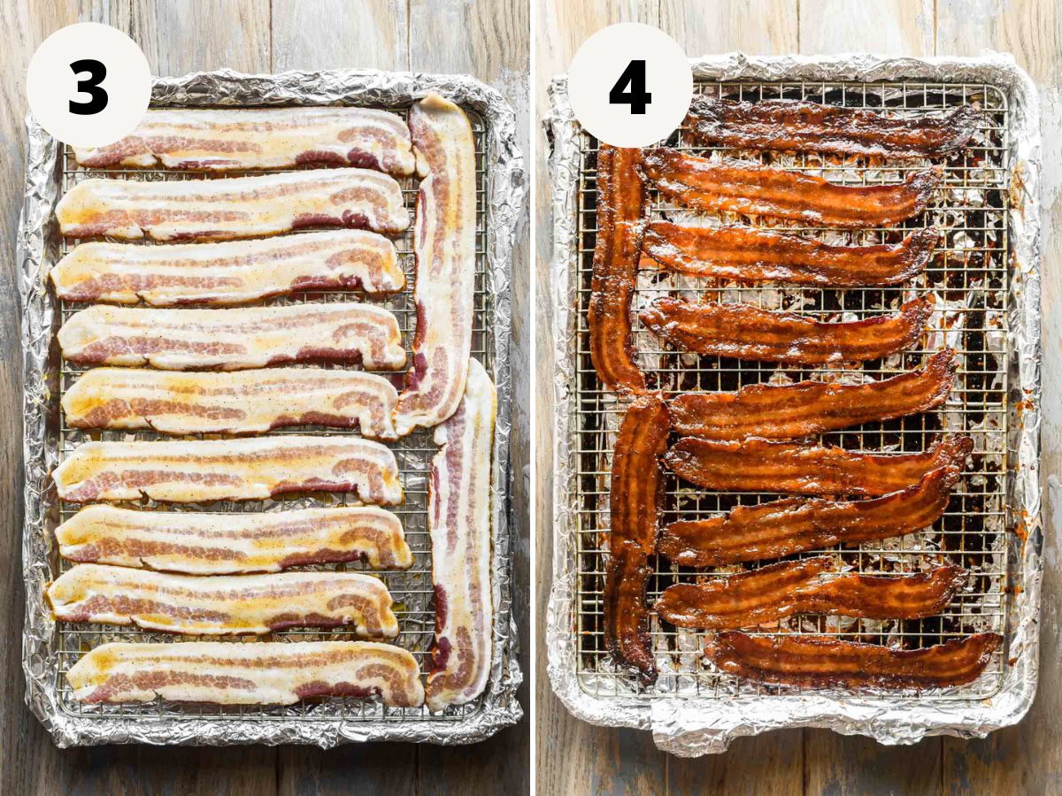 side by side images of the bacon brushed with glaze and finished cooking.