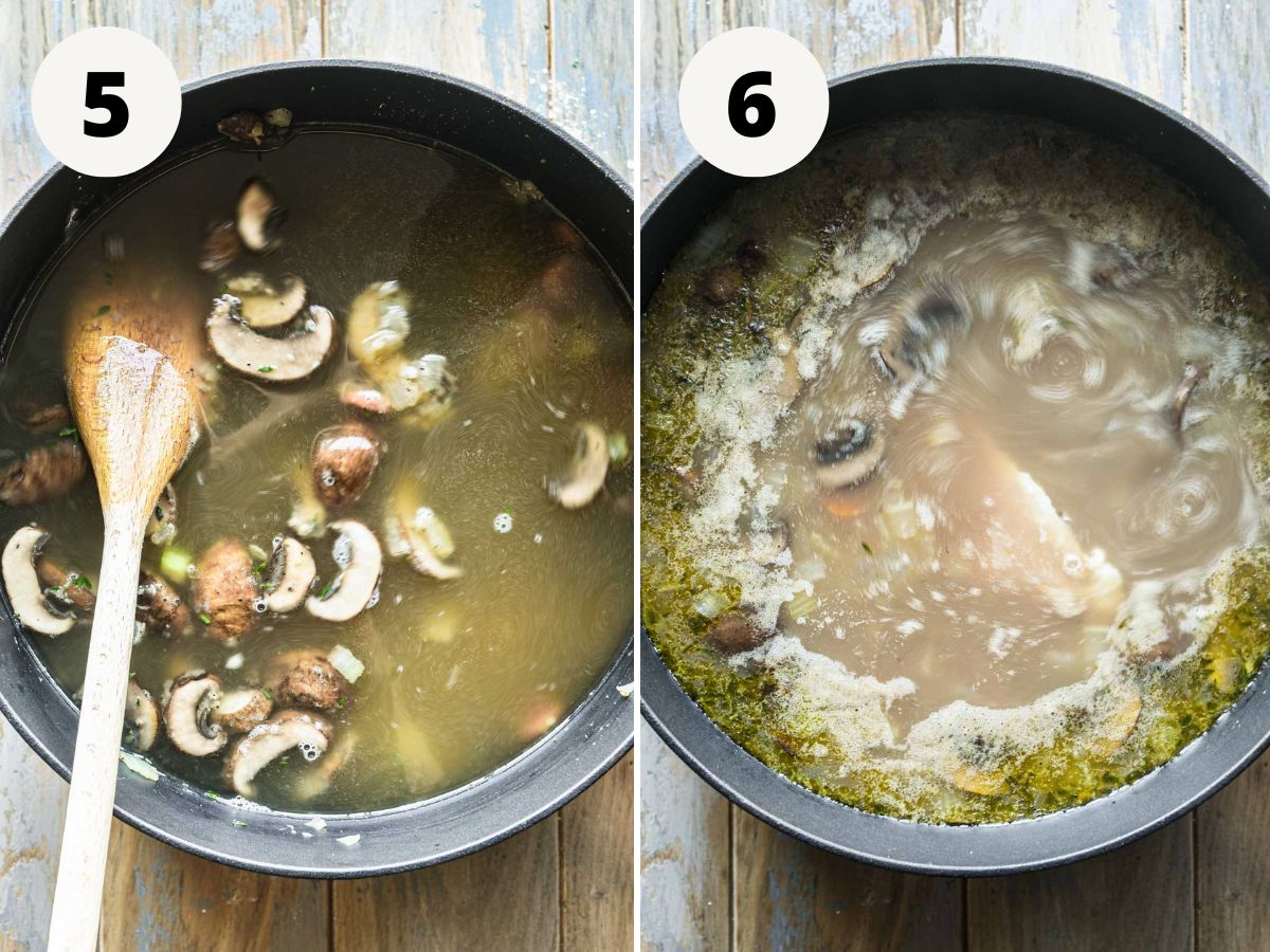 Side by side images of adding broth, rice, and chicken to the soup.