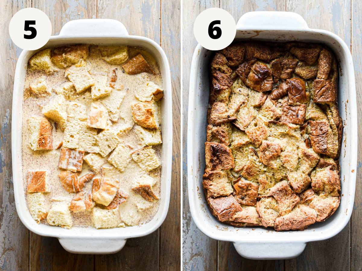 side by side images of the casserole soaking and after baking.