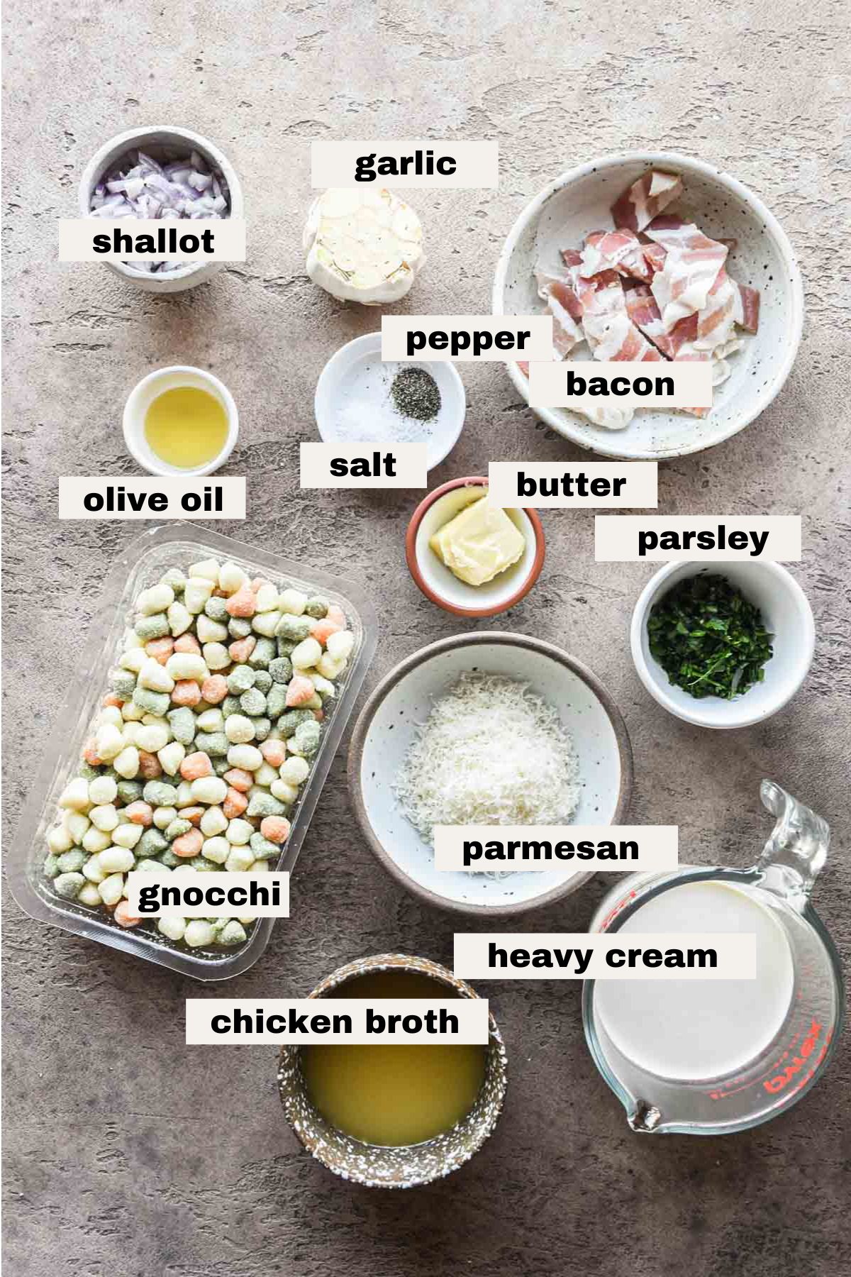 Ingredients for roasted garlic cream sauce.